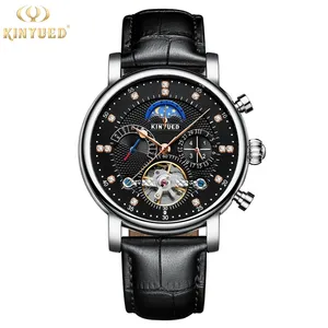 KINYUED J025 Luxury Casual Black Leather MenのWatches Automatic Mechanical Moon Phase Men Brand Wrist Watch