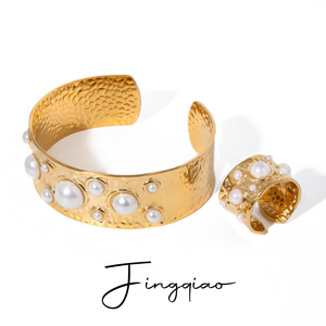 <b>Gold</b> Plated Hammered Pearl Open <b>Bangle</b> With Bezel Setting For Party Jewelry <b>Set</b> - Product Image 5