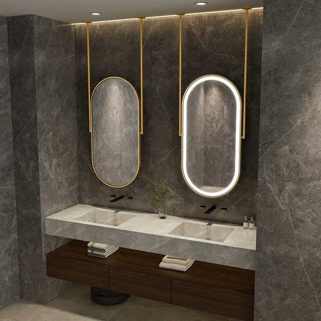 Modern Oval Hanging Iron Mirror LED Light Smart Touch Screen Sensor Defogging Emitting Bathroom Mirror Living Room Hotel Use