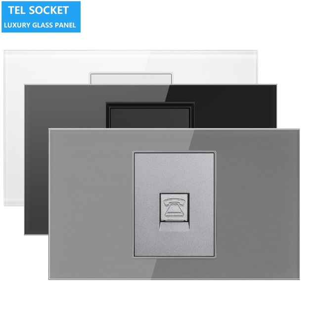 US Standard 118mm Tempered Glass Panel Industrial Phone Sockets RJ11 Wall Outlet 4Pin TEL Interface 110V-240V Smart Home