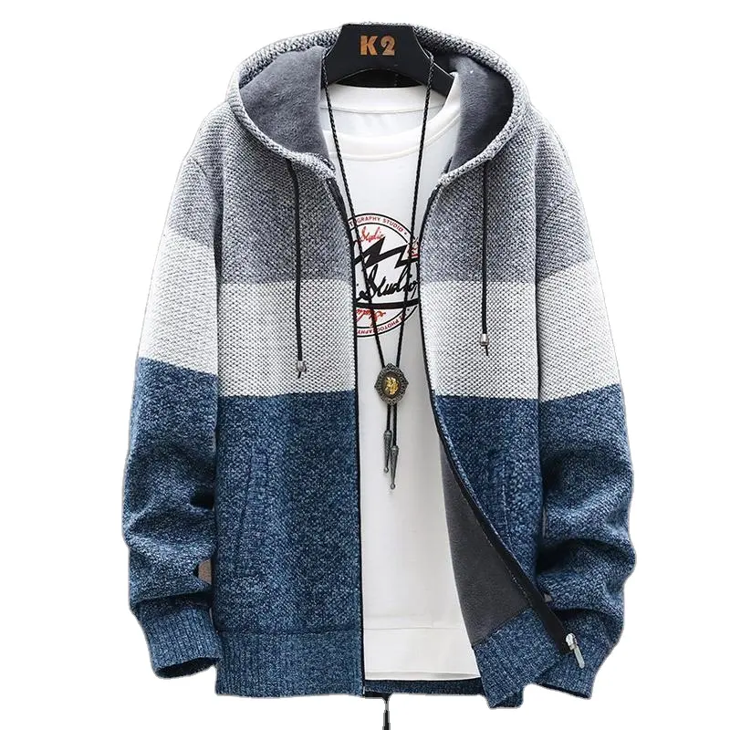 2023 Custom OEM & ODM Langarm Strick pullover mit Kapuze Strickjacke mit Rundhals ausschnitt Herren Strickwaren Winter Strick Hoodie Pullover Herren