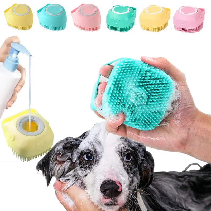 Membersihkan hewan peliharaan & produk perawatan Dispenser sampo silikon lembut sikat mandi pijat anjing kucing hewan peliharaan untuk Dematting dan menghilangkan rambut