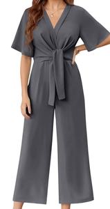 Nouvelle arrivée estivale Combinaison femme unie à col en V, taille nouée, manches courtes, simple et tendance - Product Image 3