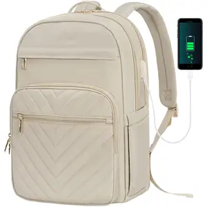 Custom Trendy Solid Color Multi-pocket Quilted Travel Knapsack Commuting Laptop Backpack With USB Charging Port