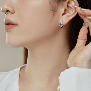 Dylam Sparkling Women Fine Jewelry Dress up Non Tarnish S925 <b>Silver</b> Blue Diamond Sapphire Square 5A Zirconia <b>Hoop</b> Earrings - Product Image 3