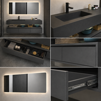 Meuble-lavabo mural noir moderne avec vasque et miroir LED, étagère ouverte, idéal pour projets hôteliers