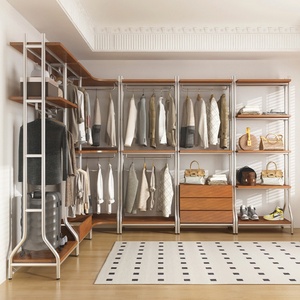 Armoire ouverte nordique en acier inoxydable, penderie sur pied en métal pour loft, rangement de vêtements, armoire en bois massif - Product Image 1
