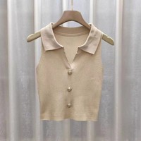 Gilet pull décontracté pour femme, col en V, sans manches, tricoté, avec fermeture à bouton unique