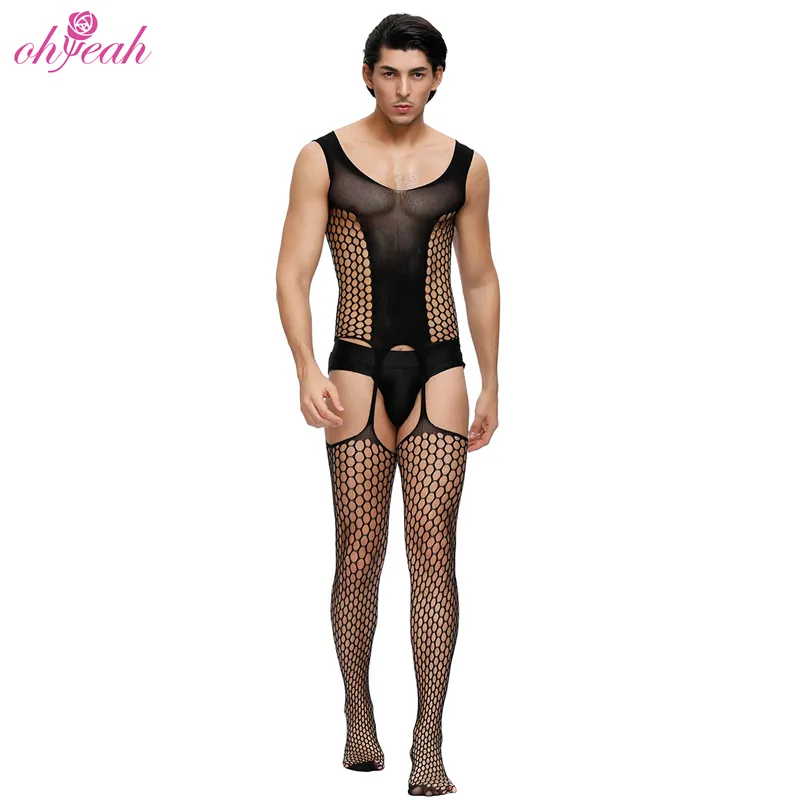 Giá bán buôn lưới hollow out gay đồ lót mens đồ lót crotchless garter sexy trong suốt nylon bodystocking cho nam giới