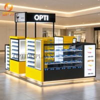 Kiosque d'optique haut de gamme jaune et noir, vitrine d'affichage de lunettes de soleil éclairée par LED pour les entreprises de vente de lunettes en centre commercial