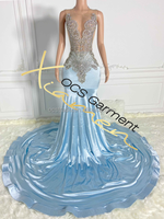 Vestido de Fiesta Largo Asimétrico de Satén Azul Cielo con Estampado de Cristales, Transpirable, con Cola Larga, Sexy, para Graduación, Boda o Fiesta Nupcial