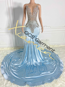 Robe de bal de promo, de mariage ou de soirée maxi pour adolescentes, en satin bleu ciel, imprimé cristal, col haut, sexy, traîne balayante - Product Image 3