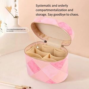 Custom Logo Quilted <b>Makeup</b> Case Portable Cylinder Cosmetic <b>Box</b> with Top Handle - Product Image 4