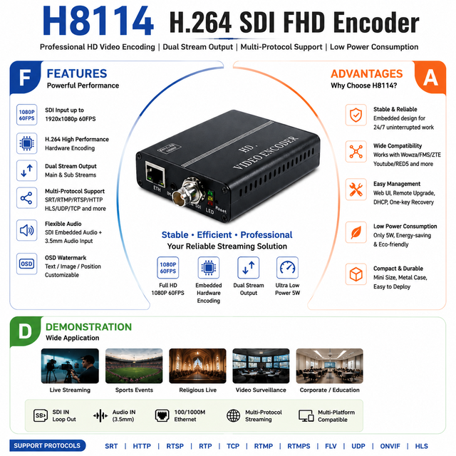Haiwei H8114 H.264 Video SDI IP Encoder SDI Output RTMPS/SRT/UDP Multi-Protocol for Live Streaming Video Conference 2-Year