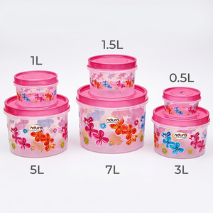 Nduro <b>Plastic</b> <b>Food</b> Storage <b>Containers</b> Set with Pink Floral Design Airtight Round Lids 7-Piece Rectangle 3-6L Capacity 1-Layer - Product Image 4