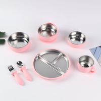 Lot de Vaisselle pour Enfants en Acier Inoxydable 304 – Assiettes à Fruits, Bols, Tasses avec Cuillères et Fourchettes, Manches en Silicone – Vente en Gros