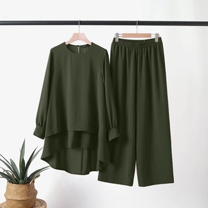 PROMISTAR Completo da <span class=keywords><strong>Donna</strong></span> Estivo Nuovo Stile Musulmano Casual Elegante con Top a Doppio Strato e <span class=keywords><strong>Pantaloni</strong></span> a Gamba Larga Tinta Unita - Product Image 4