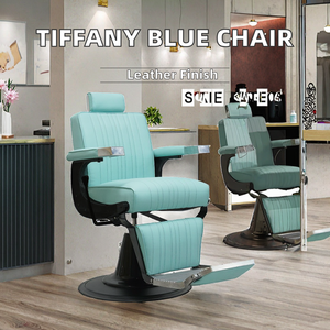 Silla de barbero ergonómica azul Tiffany JINCHENG de cuero sintético con silla de afeitar reclinable dorada para hombres, silla reclinable de salón - Product Image 2