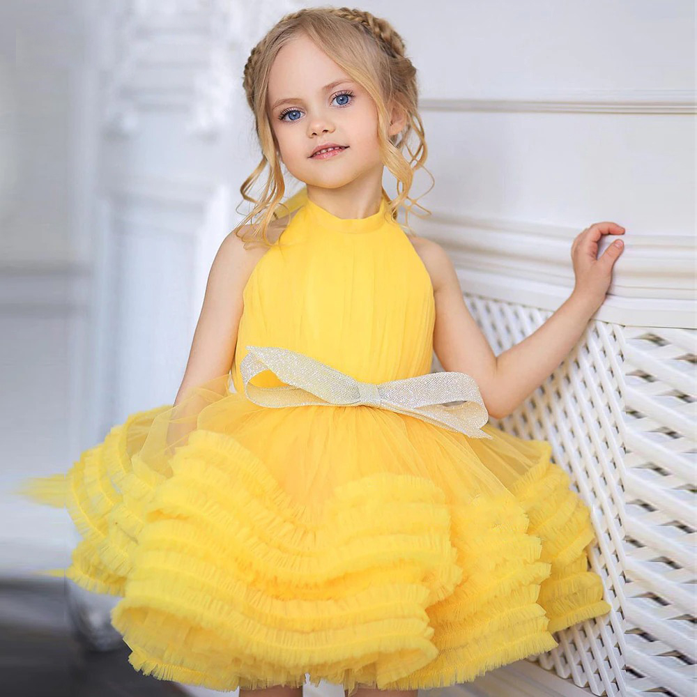 Yalindars Yellow Baby Girl High Collar Bow First Communion Knee Length Flower Children Kid Puffy Birthday Party Dresses