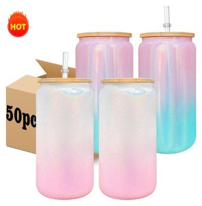Lot de 25 canettes de bière en verre de 16 oz vierges pour sublimation, holographiques, scintillantes, dégradées, avec couvercle en bambou - Product Image 1