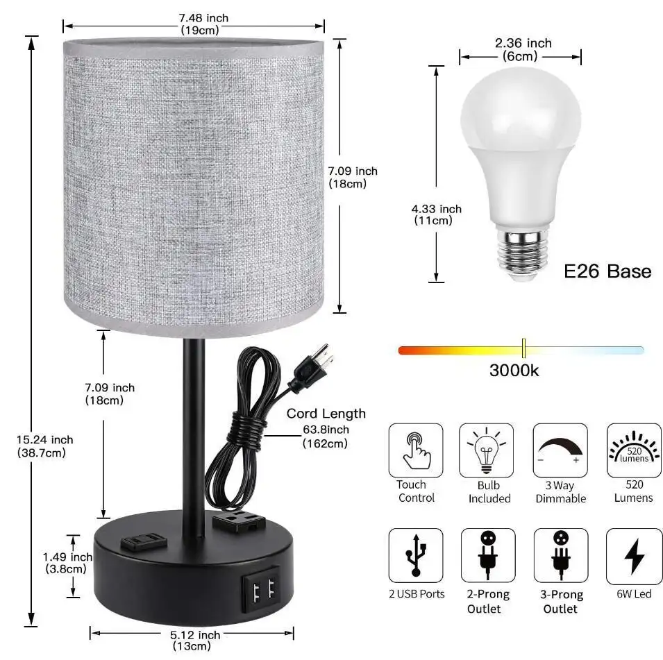 New Hotel Nordic design Usb Table Lamp Bedside Lamps With 2 Usb Charging Ports For Bedroom With Two Fabric Shades