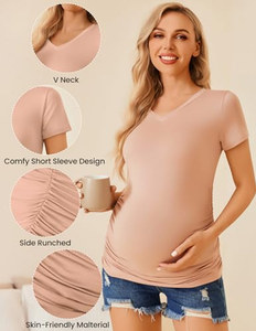 OEM ODM Ekouaer Camisetas de Maternidad para Mujer, Paquete de 3, Blusas con Cuello en V, Túnica, Ropa de Embarazo, <span class=keywords><strong>Camiseta</strong></span> Casual de Manga Corta con Volantes Laterales, Talla S - Product Image 4
