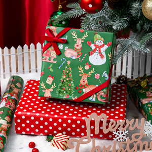 Christmas Theme Gift Wrapping Paper <b>Roll</b> with Reindeer Snowman Tree Design Double-Sided Art Paper for Holiday Packaging - Product Image 1