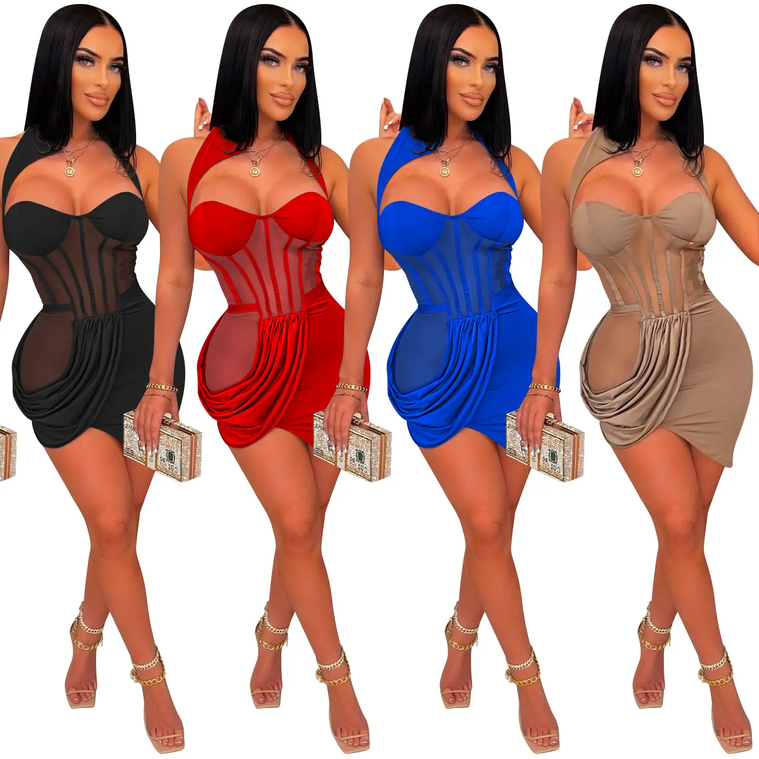 Lady Irregular Mini Dresses Women 2022 Club Party Mesh See Through Bodycon Dress Night Sexy Clubwear