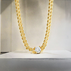 <b>AMBER</b> JEWELS Classic 18K Gold Plated Stainless Steel Figaro Link Necklace Crystal Rhinestone Solitaire Bezel Setting Lab <b>Pendant</b> - Product Image 1