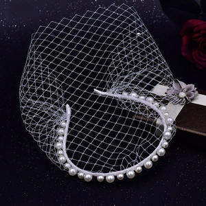 Fantaisie jour fait à la main mariée <span class=keywords><strong>treillis</strong></span> Net voile Unique Design perle bandeau gaze voile pour mariage chapeaux visage Net masque bandeaux - Product Image 5