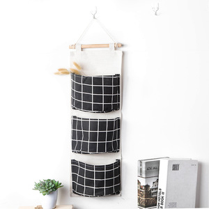 Wall Mounted Storage <b>Bag</b> With Three Pockets Cotton Linen Fabric <b>Punch</b> Free Home Decor Organizer White Black Gray - Product Image 5