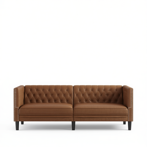 Divano Chesterfield Marrone per Soggiorno in Tessuto Trapuntato a Tre Posti con Braccioli Quadrati e Gambe in Legno - Product Image 1