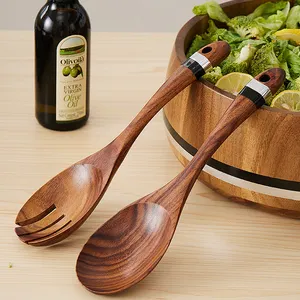 Hot Selling Custom Logo Kitchen Home Acacia Wood Utensils Spoon Salad Servers Set