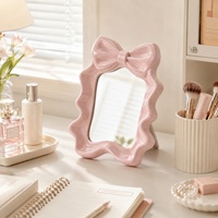 Miroir de maquillage portable carré à nœud décoratif, électroplaqué, en plastique uni, pour bureau, à sens unique, emballé individuellement – Meilleure vente