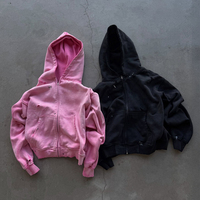 Sudadera con capucha de cierre de cremallera con lavado ácido y logotipo personalizado, de 450 g/m², estilo streetwear, de algodón 100% de alto gramaje, con diseño de agujeros, para hombre.