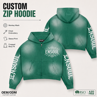 Sweat à capuche zippé personnalisé en coton épais 100% pour homme, coupe courte et ample, effet délavé, imprimé sérigraphié et brodé, style streetwear vintage