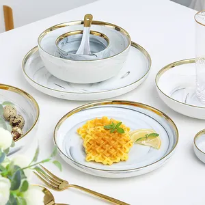 Современные тарелки с мраморным дизайном в западном стиле, полный комплект посуды, роскошные керамические тарелки с золотым ободом, миски, набор посуды