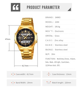 SKMEI # Montre numérique à double fuseau horaire 2284, chronographe à quartz, heure mondiale, chronomètre, acier inoxydable, étanche 3atm - Product Image 5