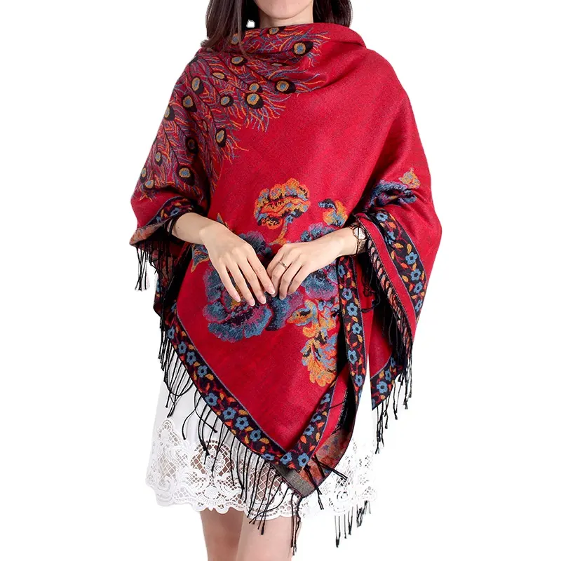 GEERDENG Cotton Lady Stoles Red Jacquard Peacock Feathers Tassel Kashmir Scarves Winter Oversize Shawls Warm Pashmina For Women