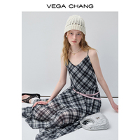 Robe midi en mousseline de soie à carreaux noirs et blancs VEGA CHANG pour femmes, avec col en V et ourlet asymétrique, robe décontractée en mousseline de soie, vente en gros