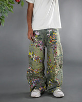 Jeans en denim pour hommes, style streetwear vintage, effet usé, avec patchwork de fleurs colorées brodées en 3D, design personnalisé