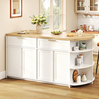 Îlot de cuisine ovale sur mesure en chêne blanc avec comptoir en MDF, armoire de rangement, tiroirs, étagères ouvertes, bar à petit-déjeuner autoportant