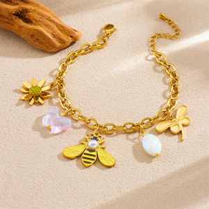 Gold Plated Charm Bracelet With Bee Butterfly Flower Pendant Zinc Alloy Women's Jewelry Gift Accessory - Product Image 2