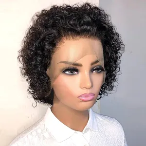 Lijmloze Peruaanse Kort Krullend Bob Pruiken Lace Front Pixie Krullen Virgin Cuticle Uitgelijnd Menselijk Haar
