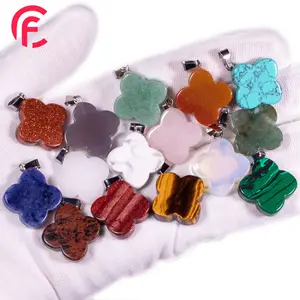 Trébol de piedra de cristal natural, colgante de acero inoxidable, cuarzo rosa, collar de trébol de cuatro hojas de la suerte, joyería de piedras preciosas