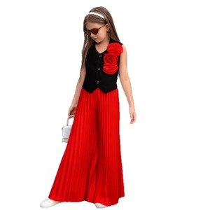 Completo Estivo 2026 per Bambine: Gilet Senza Maniche con Fiori 3D e <span class=keywords><strong>Pantaloni</strong></span> a Vita Alta a Gamba Larga <span class=keywords><strong>Plissettati</strong></span> - Set 2 Pezzi - Product Image 5