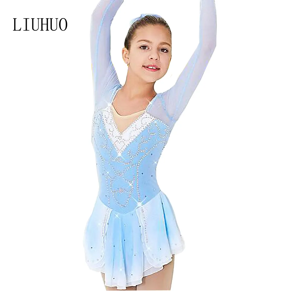 Vestido de patinaje artístico para niñas, traje de baile de Ballet, sin  mangas, escote redondo, diamantes