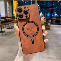 Étui de téléphone en cuir mat de luxe avec motif de cerf pour iPhone 16 15 14 17 18 Pro Max, charge magnétique sans fil, coque arrière antichoc