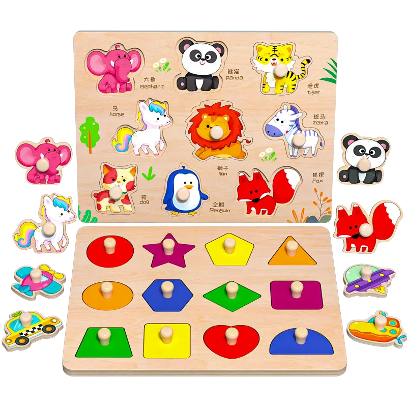 도매 나무 페그 퍼즐 장난감 어린이 놀이 만화 퍼즐 보드 나무 손 잡아 퍼즐 보드 장난감