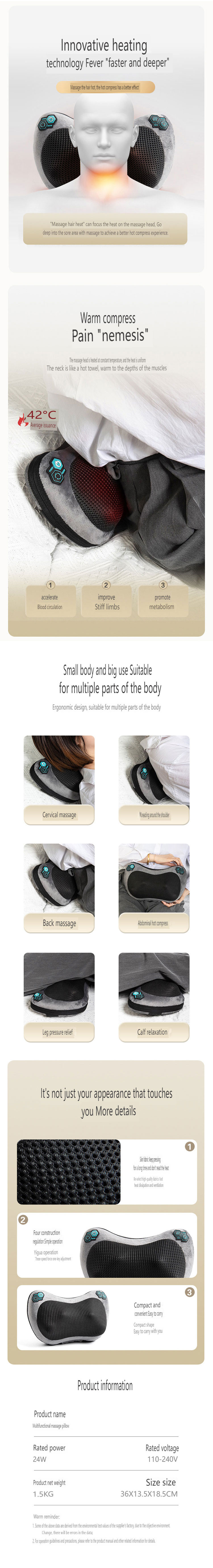 Electric Intelligent Massager Kneading Finger Pressure Shiatsu Neck Waist Back Massage Pillow With Heating Function